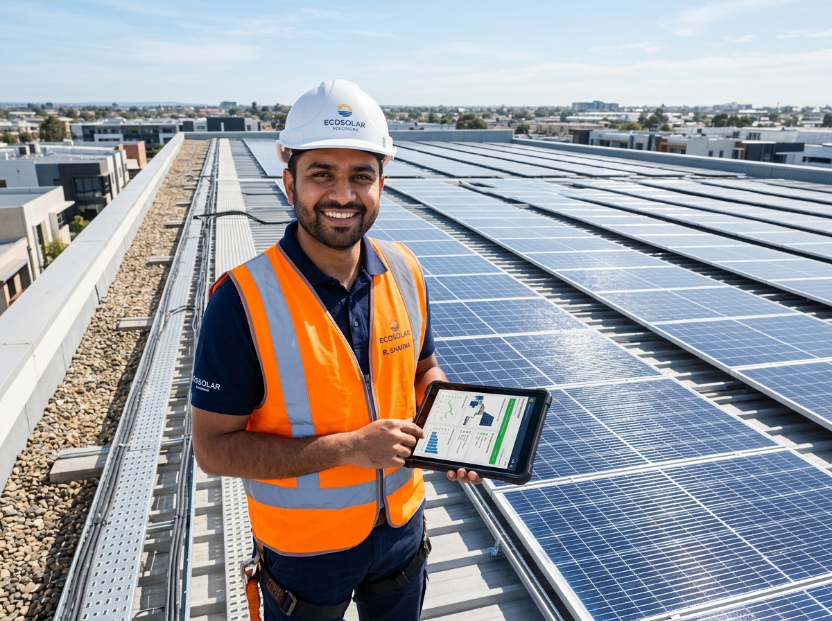 A Shayonaam Solar engineer surveying a rooftop array